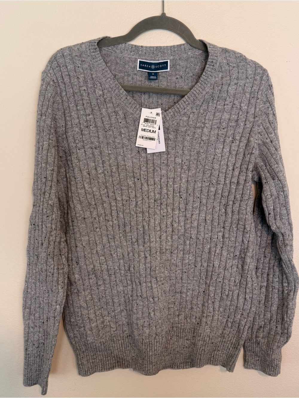 Karen Scott Gray Speckled Cable-Knit V-Neck Sweater